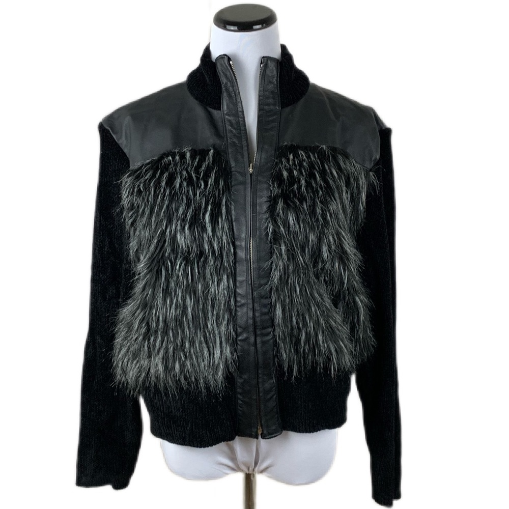 Lisa International SZ XL Black Faux Leather Fur Zip-Up Long Sleeve Jacket